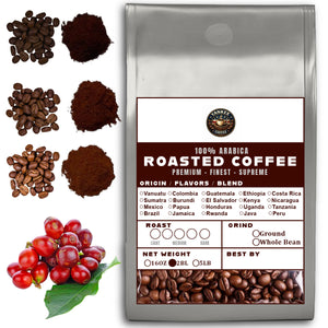 32 OZ 2LB Specialty Whole Bean and Ground Coffee Supreme Finest Artisan for Drips Cold Brew Espresso French Press Dark Medium Light Roast from Vanuatu Sumatra Ethiopia Brazil Kenya Colombia Guatemala Burundi Costa Rica East Java El Salvador Honduras etc